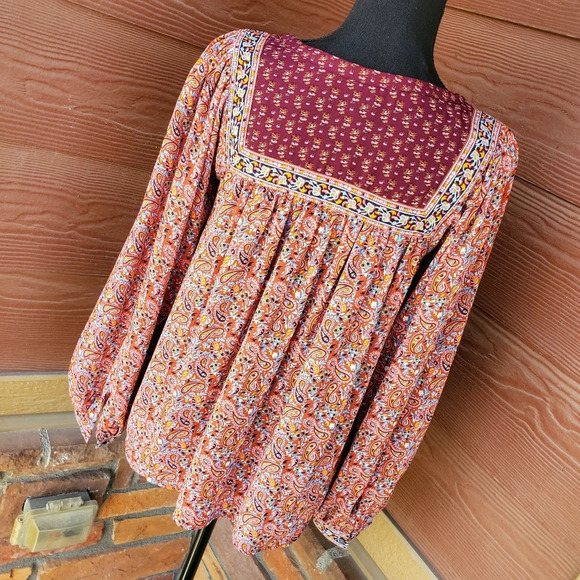 Gap Paisley Puff Long Sleeve Flowy Blouse Size XS Boho Gypsy Hippie Multicolor - Picture 8 of 9